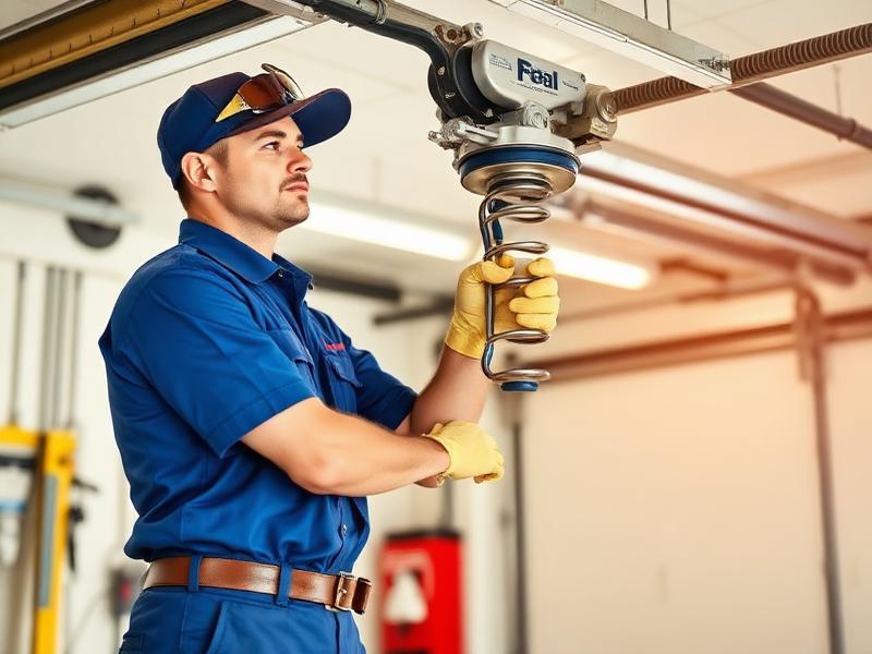 Professional technician working on garage door